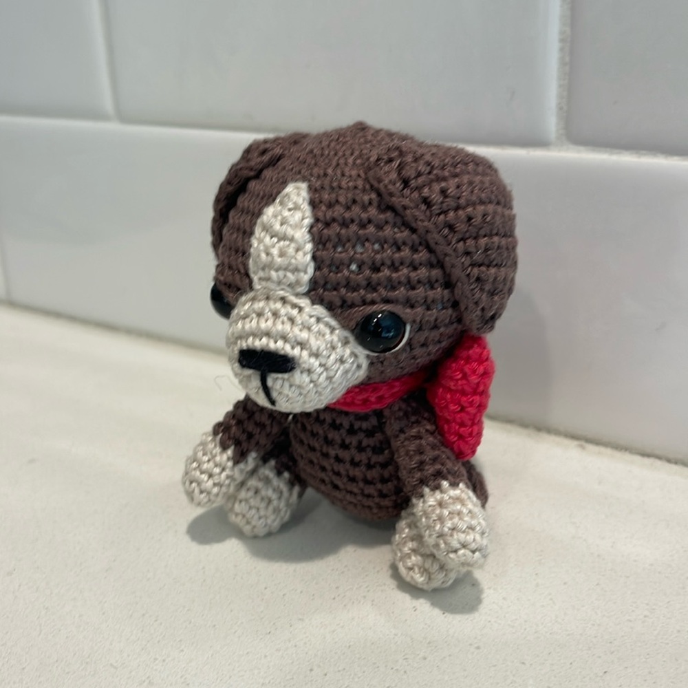 Handcrafted Puppy Dog with Bow Amigurumi Crochet Figure Toy Pet - Picture 1 of 11